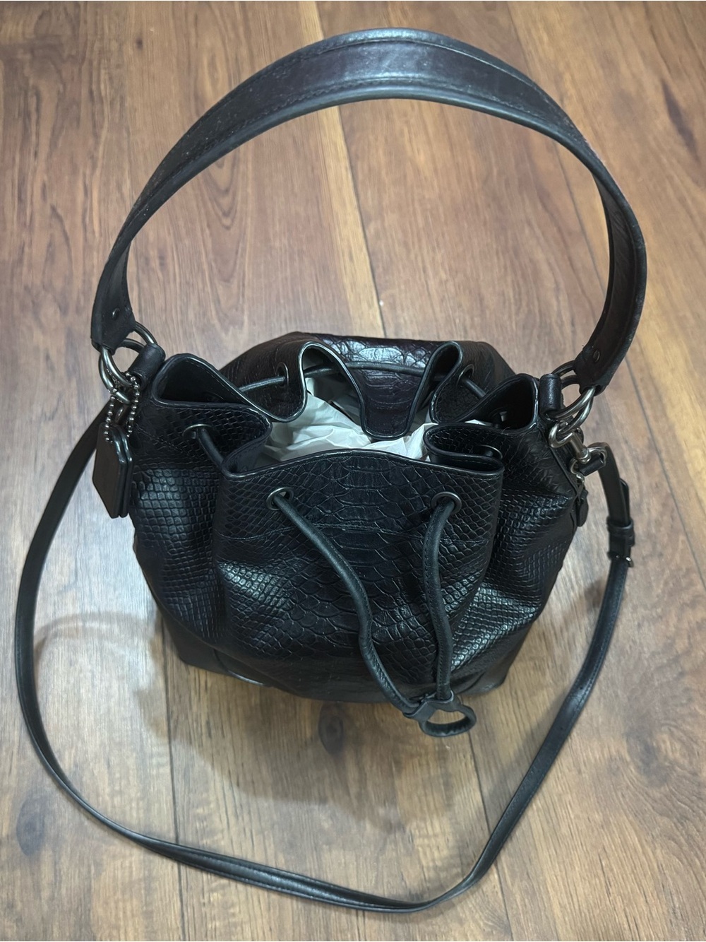 Coach F35928 Black Python Embossed Leather Drawstring Bucket Bag - Picture 14 of 16